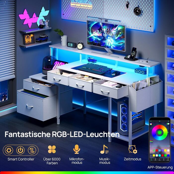 Письмовий стіл Rolanstar з розеткою, 5 шухлядами, LED підсвіткою, органайзером та підставкою під монітор - білий кутовий стіл для дому та геймінгу