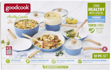 Набір керамічного посуду GoodCook Gesundes 12 предметів, світло-блакитний: каструлі, сковорода, пароварка та аксесуари, для індукційних плит