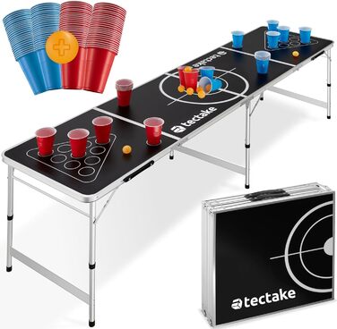 Стіл для Beer Pong tectake, складаний, висота регулюється, з ручками, набір 100 стаканів (50 червоних, 50 синіх) та 6 м'ячів, ігровий стіл для вечірок, пивний понг для дорослих