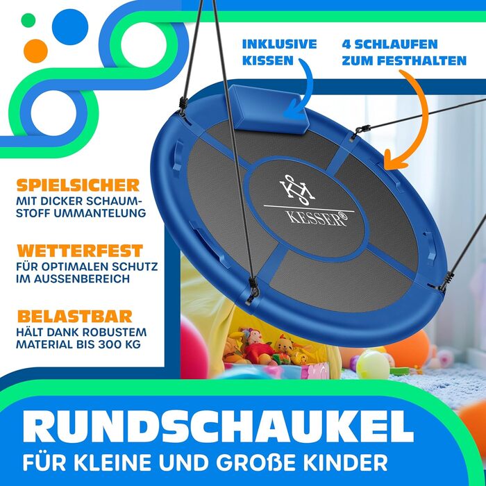 Крісло-гойдалка KESSER® Tellerschaukel Ø 120 см, до 300 кг, з подушкою та 4 ручками, регульоване, дитяче крісло-гойдалка для дому та вулиці, блакитне