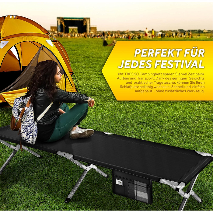 Розкладне польове ліжко TRESKO XXL 210x90x42 см, метал, до 150 кг, чорне, для кемпінгу