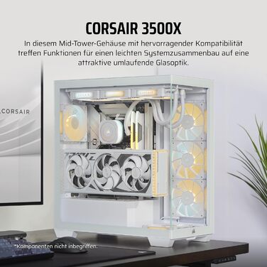 Корпус для ПК CORSAIR 3500X Mid-Tower ATX, білий, панорамне загартоване скло, сумісний з реверсивним підключенням материнської плати, без вентиляторів
