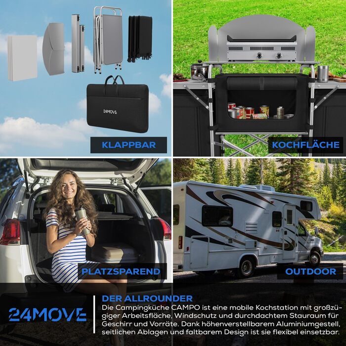 Складана туристична кухня 24MOVE® Campo: шафа для кемпінгу з робочою поверхнею та відсіками для зберігання (175x46x110, чорний)
