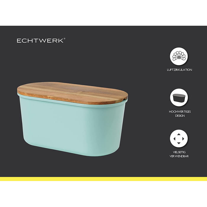 Хлібниця ECHTWERK FRESH з кришкою та дошкою з акації, бірюзова, 37x22x17 см, для 1 кг хліба