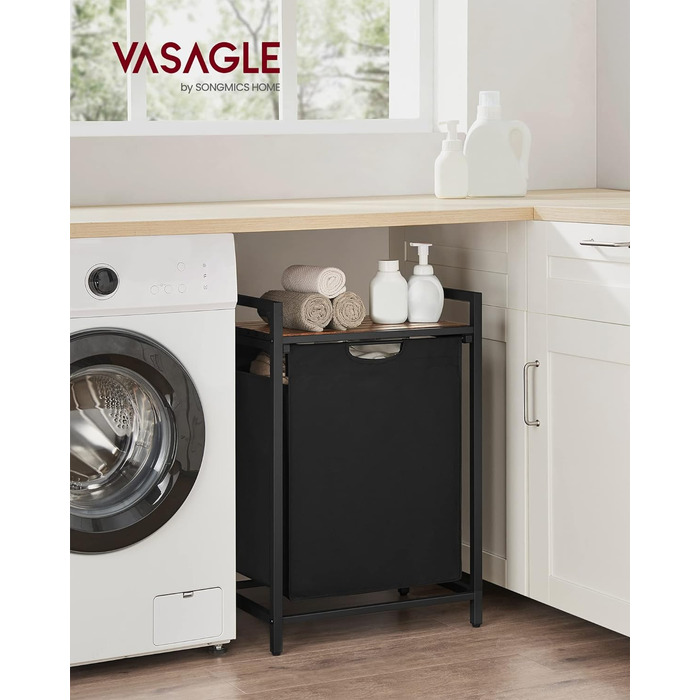 VASAGLE кошик для білизни 65 л, з полицею, знімний мішок з оксфордської тканини, металевий каркас, вінтажно-коричневий/чорний, 50x33x72 см