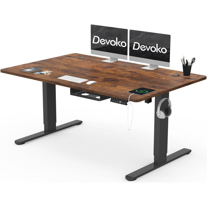 Електричний стіл Devoko з регулюванням висоти 140x80 см, дуб, USB-A зарядка, кабельний органайзер, пам’ять на 3 позиції