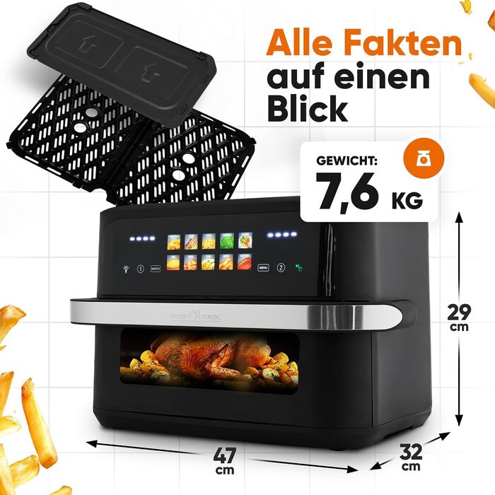 Аерофритюрниця ProfiCook PC FR 1313 H XXL з двома камерами, 10 л, 2400 Вт, сенсорний дисплей, 10 програм, чорна