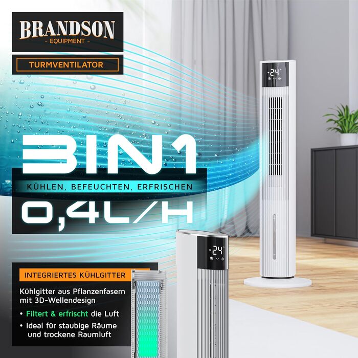 Вентилятор вежний з Wi-Fi та охолодженням води Brandson ECO GREEN – тихий, з керуванням Alexa, смарт-вентилятор для дому, мобільний кондиціонер