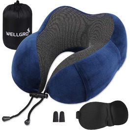 Дорожній набір WELLGRO: ортопедична подушка для шиї з пам'яттю форми, 3D маска для сну, беруші, знімний чохол, темно-синя