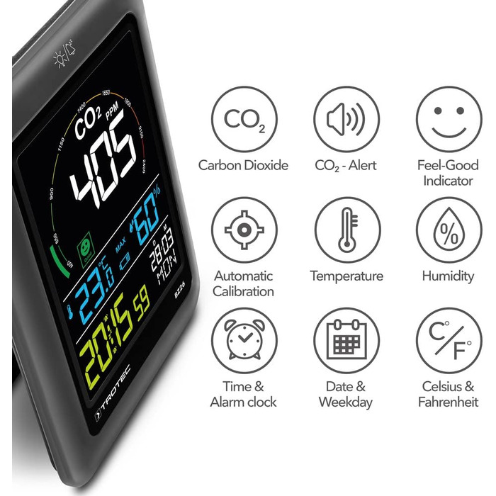 Вимірювач CO2 Trotec BZ30 – монітор якості повітря, вологості та температури, діапазон вимірювання 0-9999 PPM, похибка +-75 PPM + 5%, даталогер на 50000 вимірювань (з індикатором комфорту)