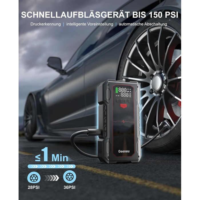 Бустер для авто Starthilfe Powerbank 6000A: пусковий пристрій з компресором 150PSI, 12V для бензинових (до 9л) та дизельних (до 7.5л) двигунів, чорний