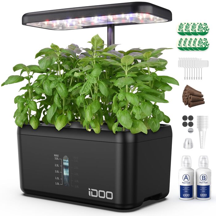 iDOO Система гідропоніки Smart Garden 8 Pods: Розумний сад для вирощування трав та овочів вдома, LED лампа, автоматичний таймер, регульована висота, чорний