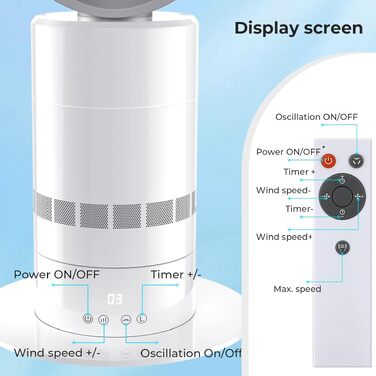 Безлопатевий вентилятор LIFERUN Tower Fan з пультом, 10 швидкостей, 71° поворот, таймер 9 год, тихий вентилятор для офісу/спальні, захист від дітей, LED-дисплей