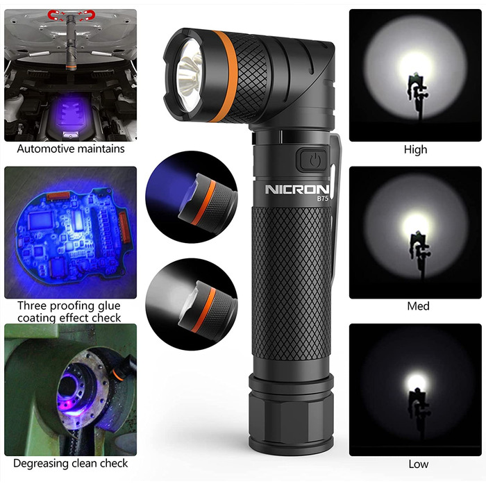 Ліхтарик NICRON B75 LED з УФ-світлом, акумуляторний, 1000 люмен, 395 нм, 2 в 1, поворотна голова 90°, водонепроникний, з магнітом, для вулиці, пошуку плям, детектор сечі та олії