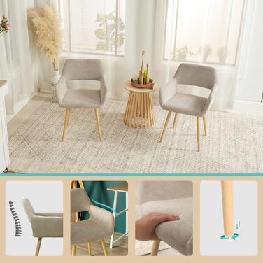 Крісла для їдальні та кухні Cosy 2 шт. з м'яким сидінням, металевим каркасом, бежевого кольору, 56x56x78 см