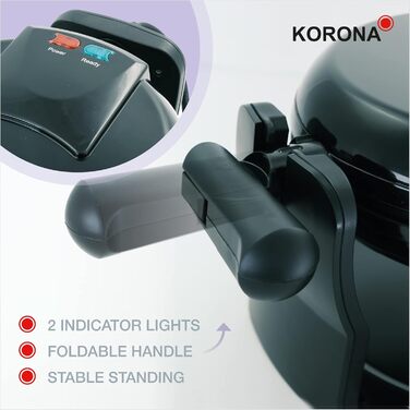 Вафельниця Korona 41004 для круглих бельгійських вафель, обертається на 180°, 1000 Вт, з двосторонньою індикацією, ідеальний розподіл тіста, компактне зберігання