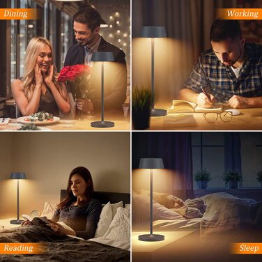 Klighten Диммовані LED акумуляторні настільні лампи, 2 шт, алюмінієві, сенсорне керування, IP54, для спальні та ресторану, тепле світло 3000K, антрацит, USB зарядка