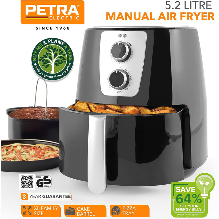Фритюрниця Petra PT5175VDEEU10 5,2 л, електрична, без олії, антипригарний XL кошик, циркуляція гарячого повітря, таймер 30 хв, регулятор температури, 1300 Вт, з формою для піци та випічки