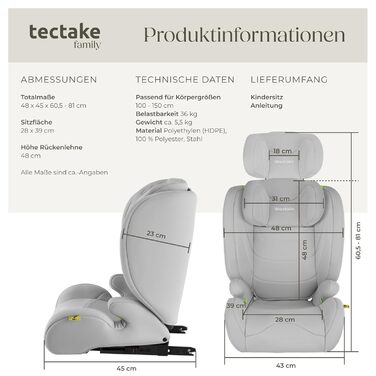 Автокрісло Tectake з 5-точковим ременем, i-Size, бічний захист, бустер для дітей 76-150 см (до 36 кг), сірий