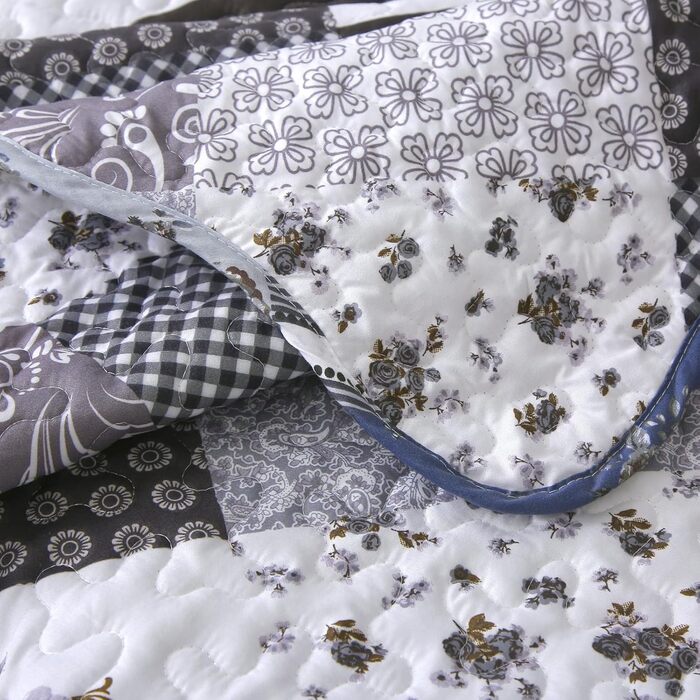 Покривало WONGS BEDDING 220x240 см, стьобане, мікрофібра, патчворк, з 2 наволочками 48x75 см, квітковий візерунок, чорний/сірий