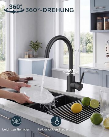 Кухонний змішувач для води FORIOUS, поворотний на 360°, регулювання гарячої та холодної води, одноотвірний монтаж для 1 або 2 мийок, матовий чорний, висота виливу 23 см