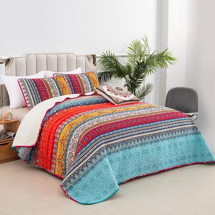 Постільна покривало WONGS BEDDING Boho 3-предметний комплект (220x240 см) з 2 наволочками 50x70 см, стібана ковдра з мікрофібри для спальні та дивана, Беміс