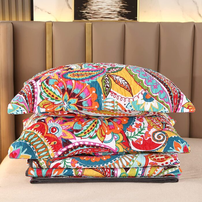 Покривало Qucover Boho 230x250 см з наволочками, бавовняне, кольорове стьобане для двоспального ліжка, стиль Пейслі