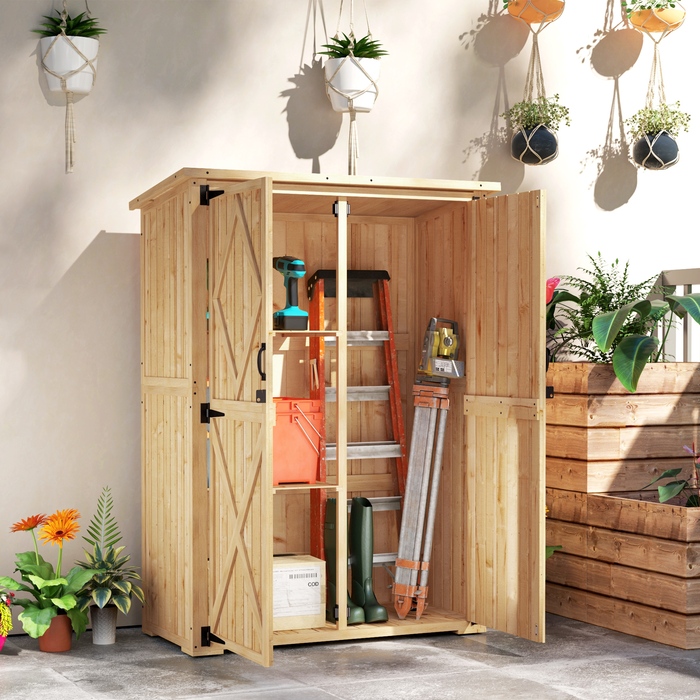 Outsunny Garden Шафа з дерева, Садовий сарай з подвійними дверима з асфальтовим дахом, що замикається, 116,5x57x167см, Атмосферостійка садова шафа, Садовий сарай Садовий сарай для саду, тераси, натуральне дерево