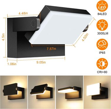 Стіна LED-ліхтар Kingwen 40W, сучасний настінний світильник з поворотним корпусом 360°, водонепроникний IP65, тепле біле світло 3000K, чорний, для тераси та гаража