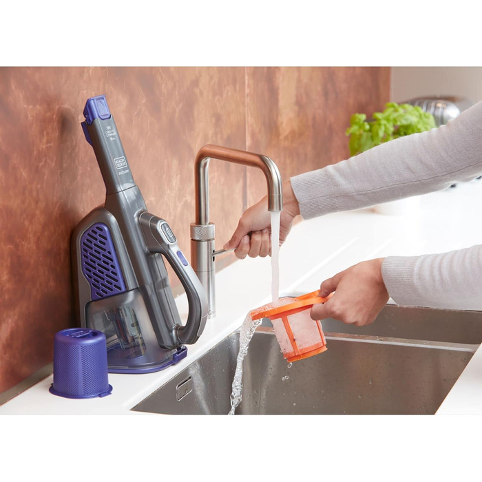 Акумуляторний ручний пилосос BLACK+DECKER 18В 36Вт Dustbuster з технологією smarttech, циклонною системою, висувною щілинною насадкою, щіткою для шерсті тварин, настінною зарядною станцією, титан/срібло/фіолетовий