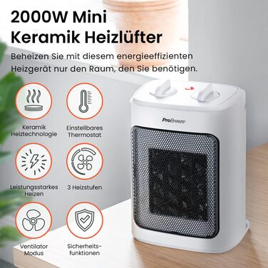 Керамічний обігрівач Pro Breeze 2000W з термостатом, електричний конвектор з 3 рівнями нагріву та захистом від перегріву, білий