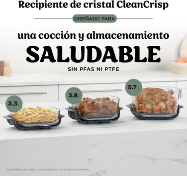 Скляна аерофритюрниця Ninja CRISPi PRO XL Air Fryer з 5 функціями, контейнерами CleanCrisp (5,7 л та 2,3 л) та кришкою для зберігання, колір моховий зелений, AS090EUGN