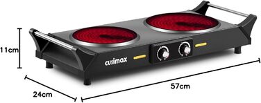 Електрична інфрачервона подвійна плита CUSIMAX 900Вт+1200Вт з терморегулятором, склокераміка, ручки для перенесення, 15см+18см, підходить для всіх типів посуду, чорна, 54x20x10см