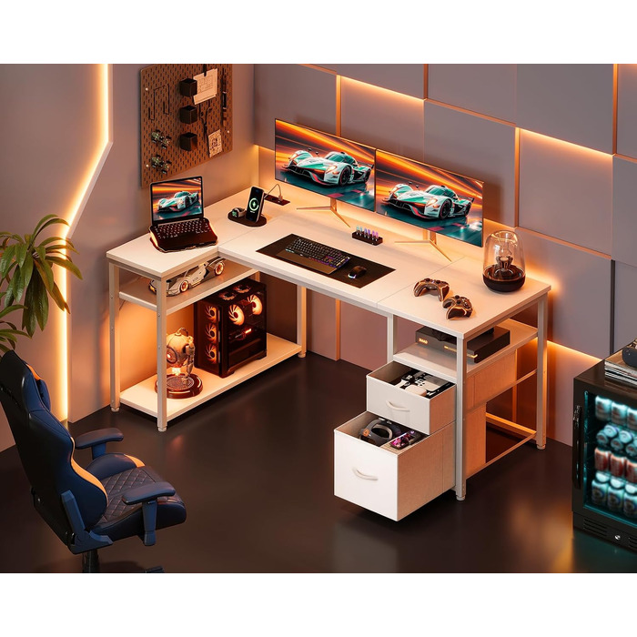 Кутовий письмовий стіл Coleshome з 2 шухлядами та полицею, 140x80 см, білий. Ігровий стіл для дому та офісу з розеткою