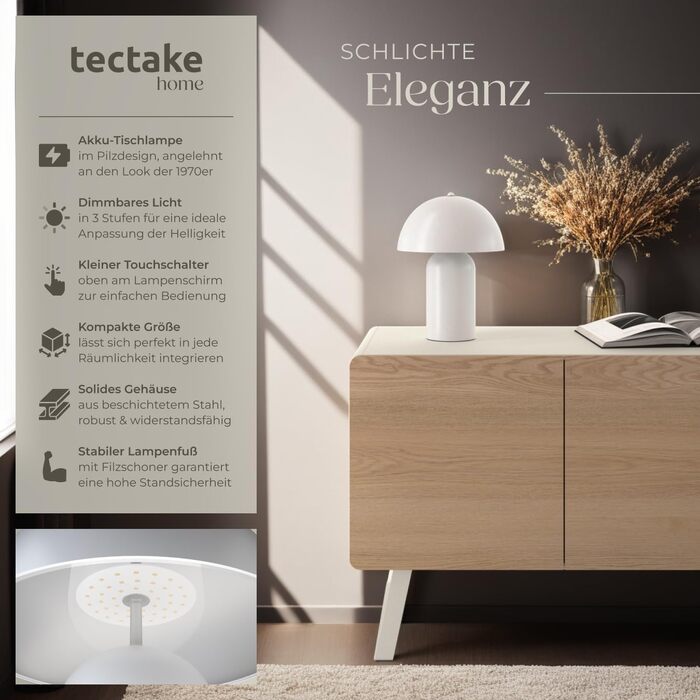 Бездротова настільна лампа tectake у вінтажному стилі «Гриб» — ретро-нічник та світильник для читання, білий