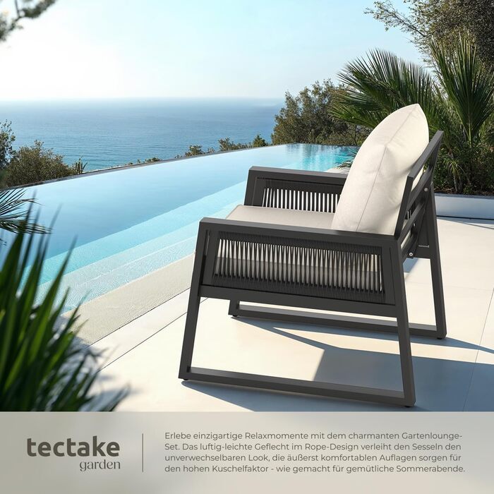 Набір садово-розкладних меблів tectake® Rope Design: 2 крісла, диван, стіл, подушки, для саду/балкону, 4 посадочні місця, вологостійкий, стиль 3