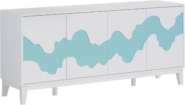 Кухонна тумба UEV з 4 дверцятами, 160x40x73 см, сучасний дерев'яний буфет зі зберіганням, хвильовий дизайн, для їдальні, вітальні, спальні, передпокою, біло-синя
