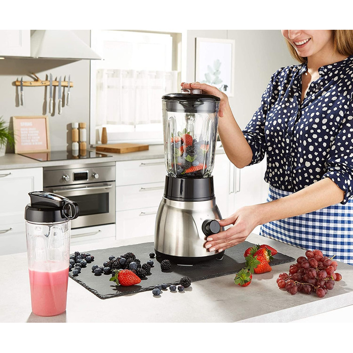 Блендер стаціонарний Russell Hobbs 2-в-1 зі скляною чашею 1.5л та міні-блендером для смузі 0.6л - подрібнювач льоду, BPA-free, нержавіюча сталь 23821-56