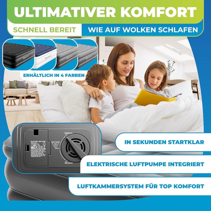 Надувна матрац KESSER® з електричним насосом, 203x152.5x51 см, для дому та кемпінгу, сірий/антрацит