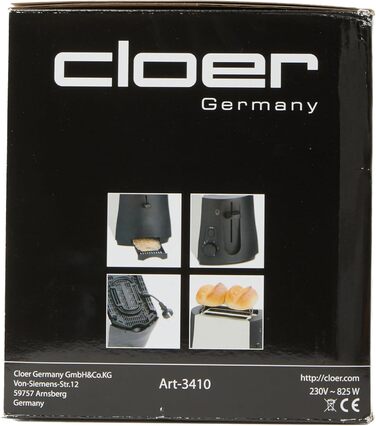 Тостер Cloer 3410, 825 Вт, для 2 тостів, з підставкою для булочок, функція додаткового підйому, піддон для крихт, матовий теплоізольований металевий корпус