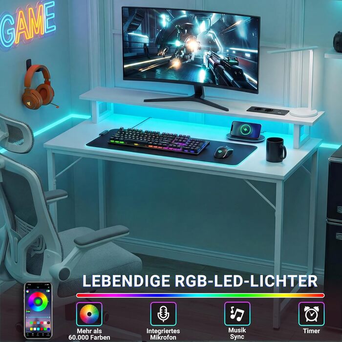 Комп'ютерний стіл iSunirm 120x50 см для геймінгу з RGB підсвіткою, розеткою та підставкою під монітор. Білий стіл для дому, офісу, спальні