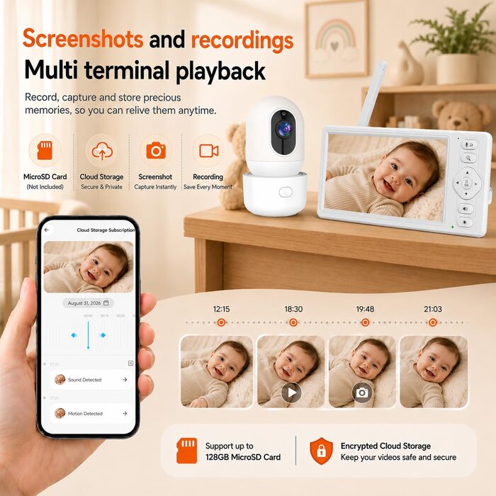 Відеоняня HelloBaby з WiFi та камерою: монітор з нічним баченням, датчиком руху, двостороннім аудіо та керуванням через додаток (5.5 дюймів, білий)