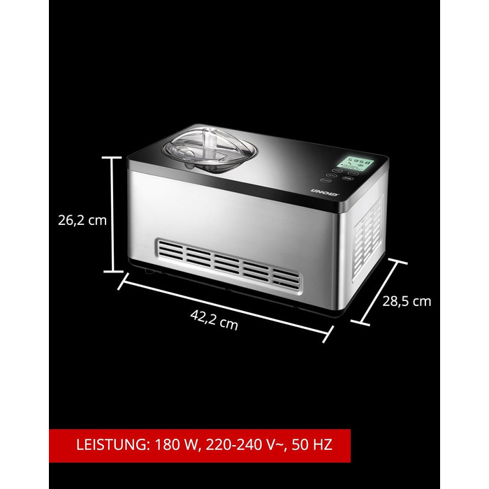 Морозивниця UNOLD 48845 Gusto з компресором, 2 л, 180 Вт, нержавіюча сталь, LCD-дисплей, таймер