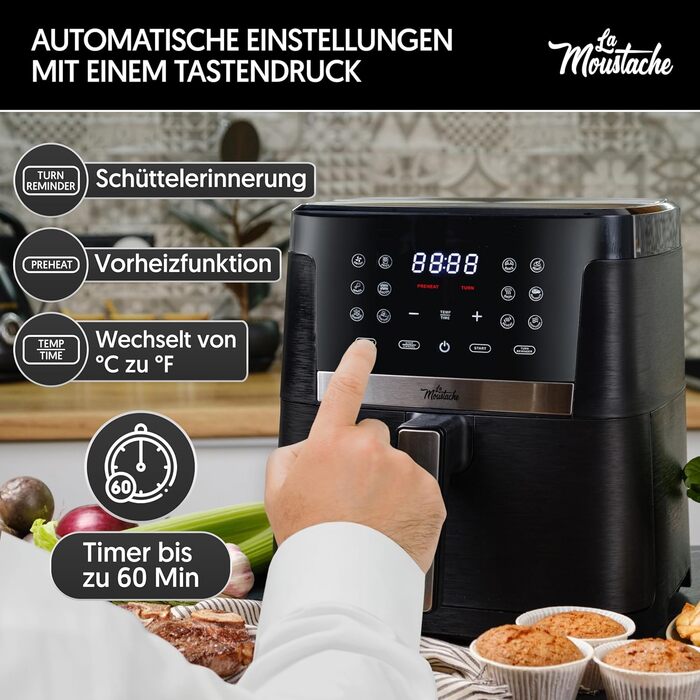 La Moustache Pro Smart Фритюрниця без олії 7 л, 1800 Вт, 12 програм, цифрове управління, антипригарна, з таймером, чорна, з електронною книгою рецептів