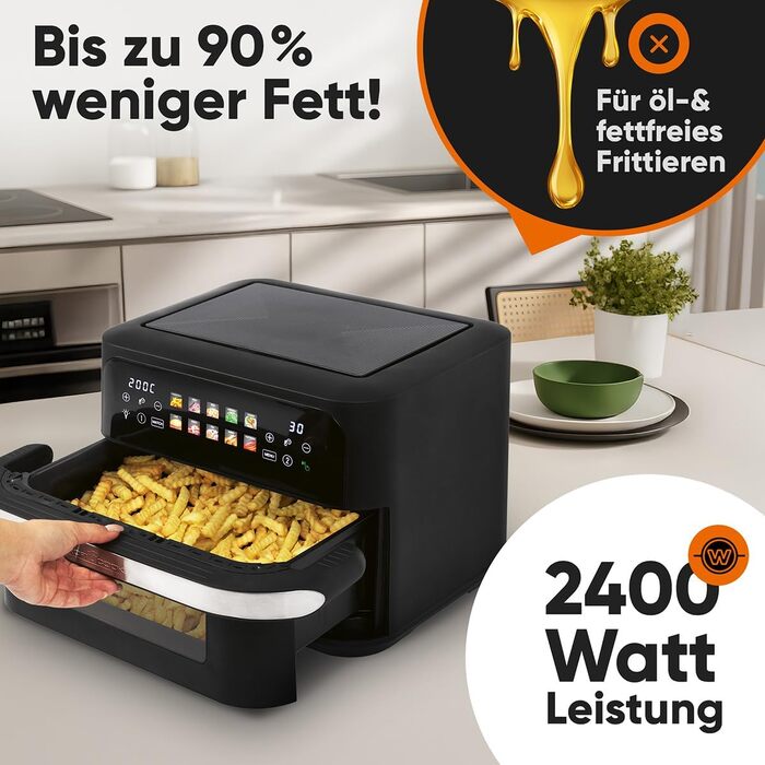 Аерофритюрниця ProfiCook PC FR 1313 H XXL з двома камерами, 10 л, 2400 Вт, сенсорний дисплей, 10 програм, чорна