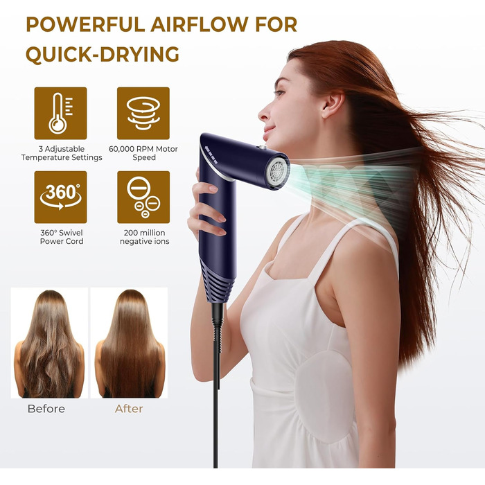 UKLISS 5-в-1 Airstyler Фен-щітка для укладки волосся з насадкою для локонів, 60000 об/хв, блакитний