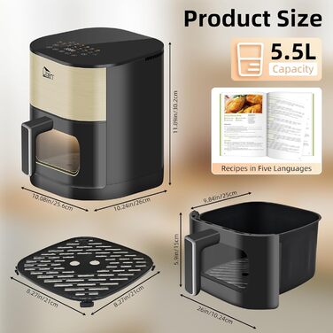 Електрична аерофритюрниця Uten Dual Blaze 2000 Вт, 5,5 л, 14 програм, без олії, із віконцем, золота, квадратна
