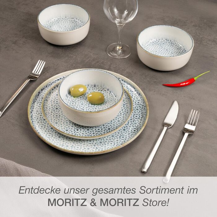 Набір посуду Moritz & Moritz ALHAMBRA на 6 осіб (18 предметів) з високоякісного порцеляну - сучасний сервіз у блакитному кольорі. Включає 6 тарілок, 6 десертних тарілок та 6 салатників. Легкий у догляді.