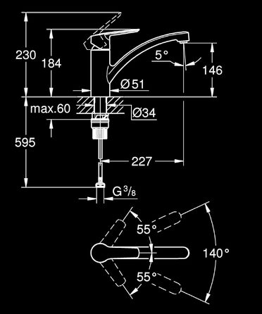Змішувач кухонний GROHE Start з плоским виливом, чорний, 305302432 - економія води, поворот 140°, легкий монтаж