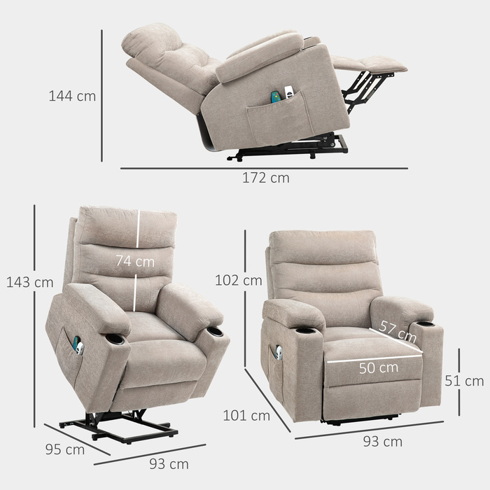 HOMCOM Recliner Електричний телевізор Реклайнер з допоміжним засобом для сидіння та стоянки, вібраційний масаж, функція відкидання, масажне крісло з підніжкою, 2 двигуни, поперекове тепло, таймер, бічна кишеня, тримач для чашки світло-коричневий